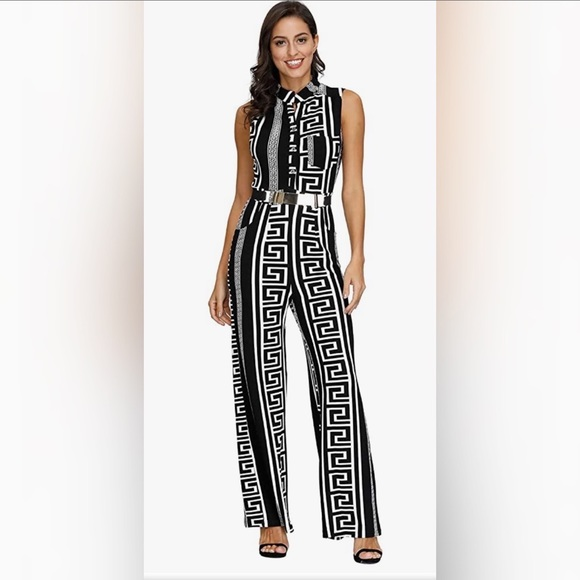 Button Up Printed Long Wide Leg Pant Party Jumpsuits - Picture 2 of 9